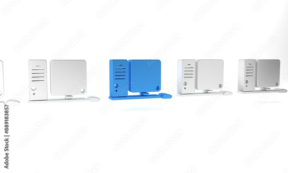Poster blue computer monitor with keyboard and mouse icon isolated on white background. pc component sign. 