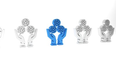 Blue Hand holding casino chips icon isolated on white background. Casino gambling. Minimalism concept. 3D render illustration