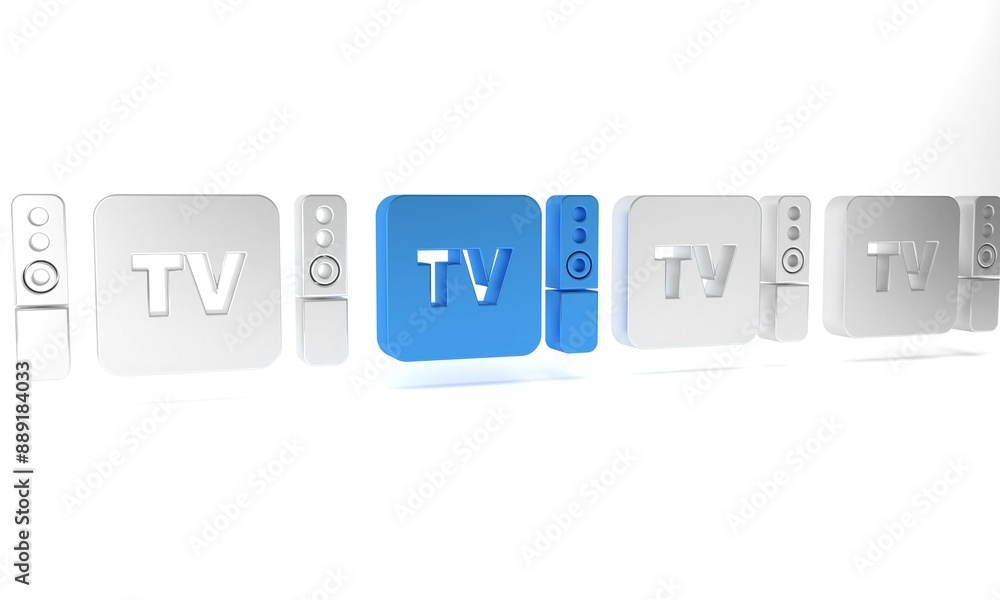 Poster blue multimedia and tv box receiver and player with remote controller icon isolated on white backgro