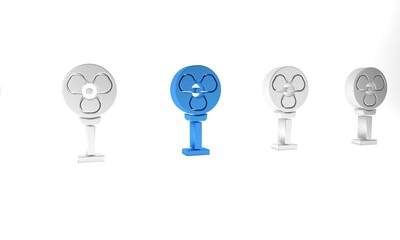 Blue Electric fan icon isolated on white background. Minimalism concept. 3D render illustration
