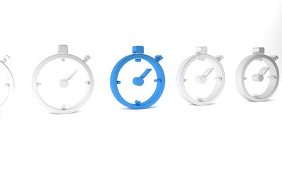 Blue Stopwatch icon isolated on white background. Time timer sign. Chronometer sign. Minimalism concept. 3D render illustration