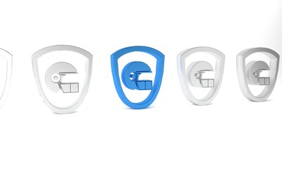 Blue American football helmet and shield icon isolated on white background. Minimalism concept. 3D render illustration