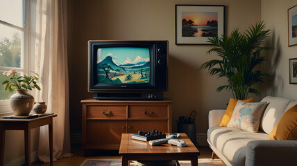a living room with a tv and a picture of a beach scene on the wall