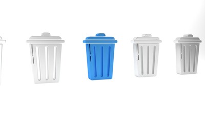 Blue Trash can icon isolated on white background. Garbage bin sign. Recycle basket icon. Office trash icon. Minimalism concept. 3D render illustration