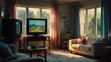 a living room with a couch, tv, and a window with a view of the mountains.
