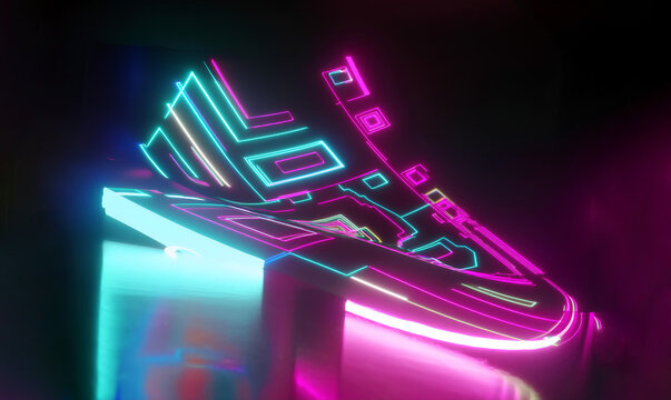 Ai generated, sneaker, sport shoe, abstract, neon, luminous, glowing art 3D render, sport concept, street art, younger generation, wallpaper, art