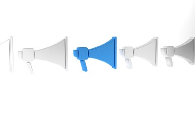 Blue Megaphone icon isolated on white background. Speaker sign. Minimalism concept. 3D render illustration
