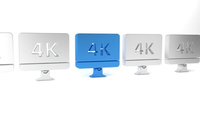 Blue Computer PC monitor display with 4k video technology icon isolated on white background. Minimalism concept. 3D render illustration