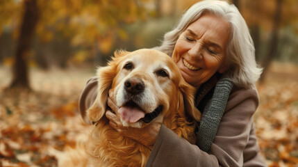 Mature woman cuddling golden retriever dog outdoors in park. Senior female bonding with happy pet. Animal companionship and friendshiop. humans best friend. Candid elderly woman with dog.