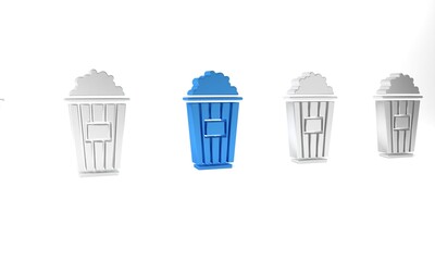 Blue Popcorn in cardboard box icon isolated on white background. Popcorn bucket box. Minimalism concept. 3D render illustration