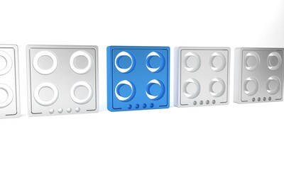 Blue Gas stove icon isolated on white background. Cooktop sign. Hob with four circle burners. Minimalism concept. 3D render illustration
