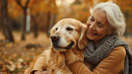 Mature woman cuddling golden retriever dog outdoors in park. Senior female bonding with happy pet. Animal companionship and friendshiop. humans best friend. Candid elderly woman with dog.