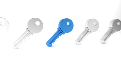 Blue Key icon isolated on white background. Minimalism concept. 3D render illustration