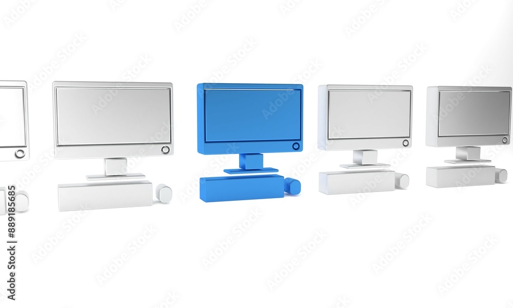 Poster blue computer monitor with keyboard and mouse icon isolated on white background. pc component sign. 