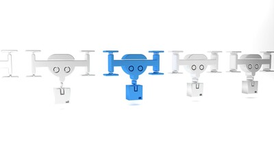 Blue Delivery drone with the package icon isolated on white background. Drone delivering cardboard box. Minimalism concept. 3D render illustration