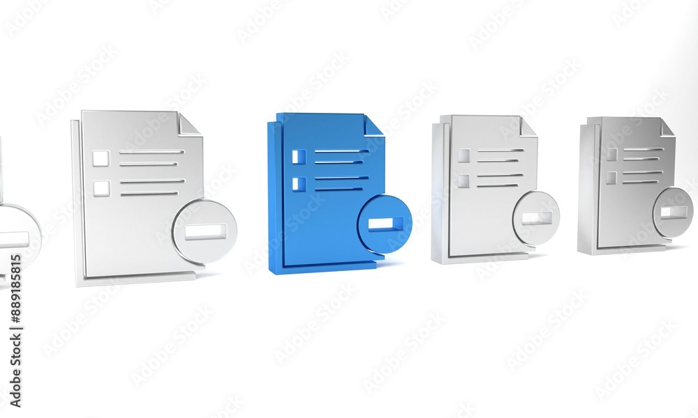 Poster blue document with minus icon isolated on white background. clear document. remove file document. de