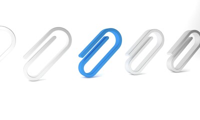 Blue Paper clip icon isolated on white background. Minimalism concept. 3D render illustration