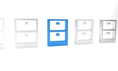 Blue Archive papers drawer icon isolated on white background. Drawer with documents. File cabinet drawer. Office furniture. Minimalism concept. 3D render illustration