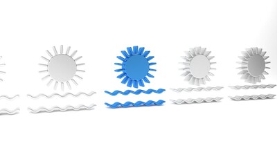 Blue Sun and waves icon isolated on white background. Minimalism concept. 3D render illustration