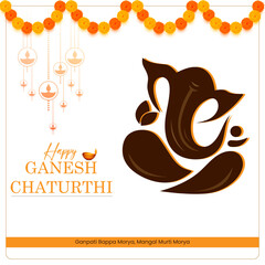A silhouette of Ganesha the elephant-headed god of prosperity to the right is a lit candle with a red flame, and to the left are orange and yellow flowers Happy Ganesh Chaturthi in yellow