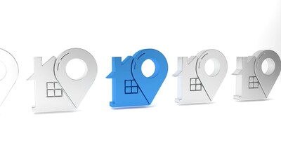 Blue Map pointer with house icon isolated on white background. Home location marker symbol. Minimalism concept. 3D render illustration