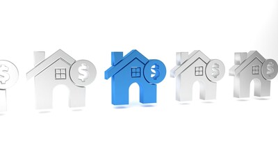Blue House with dollar symbol icon isolated on white background. Home and money. Real estate concept. Minimalism concept. 3D render illustration