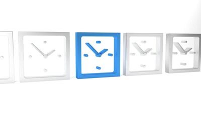 Blue Clock icon isolated on white background. Time symbol. Minimalism concept. 3D render illustration