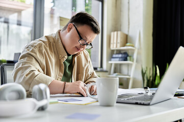 A young man with Down syndrome works at a desk, focused on his task.