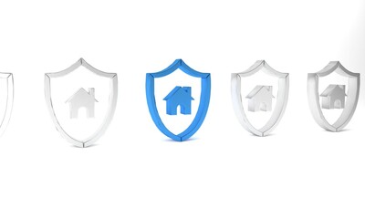 Blue House with shield icon isolated on white background. Insurance concept. Security, safety, protection, protect concept. Minimalism concept. 3D render illustration