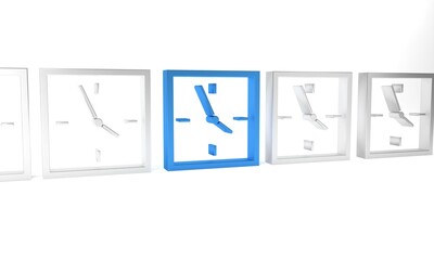Blue Clock icon isolated on white background. Time symbol. Minimalism concept. 3D render illustration