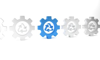 Blue Recycle symbol and gear icon isolated on white background. Circular arrow icon. Environment recyclable go green. Minimalism concept. 3D render illustration