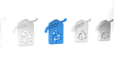 Blue Tag with recycle symbol icon isolated on white background. Banner, label, tag, logo, sticker for eco green. Minimalism concept. 3D render illustration