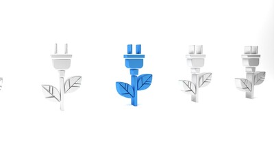 Blue Electric saving plug in leaf icon isolated on white background. Save energy electricity icon. Environmental protection icon. Bio energy. Minimalism concept. 3D render illustration