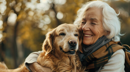 Mature woman cuddling golden retriever dog outdoors in park. Senior female bonding with happy pet. Animal companionship and friendshiop. humans best friend. Candid elderly woman with dog.