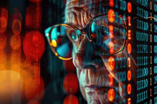 Close-up of senior woman's face. The woman is looking at a computer screen, and the reflection of binary code can be seen in her glasses. - Powered by Adobe