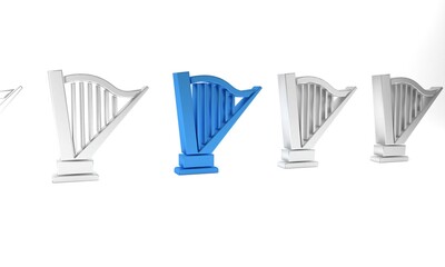 Blue Harp icon isolated on white background. Classical music instrument, orhestra string acoustic element. Minimalism concept. 3D render illustration