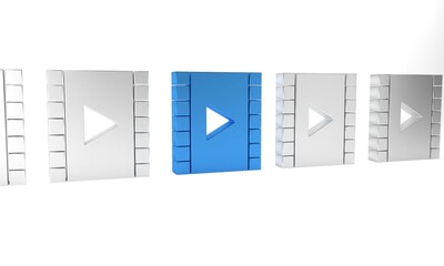 Blue Play Video icon isolated on white background. Film strip with play sign. Minimalism concept. 3D render illustration