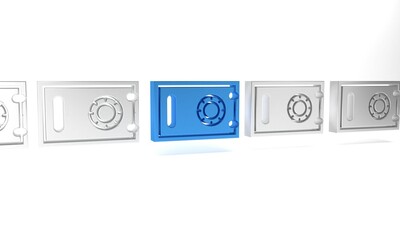 Blue Safe icon isolated on white background. The door safe a bank vault with a combination lock. Reliable Data Protection. Minimalism concept. 3D render illustration