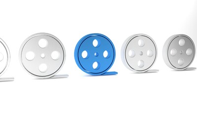 Blue Film reel icon isolated on white background. Minimalism concept. 3D render illustration