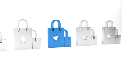 Blue Paper shopping bag icon isolated on white background. Package sign. Minimalism concept. 3D render illustration