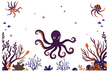 A cartoon sea pattern with fish, octopus, and starfish under tropical ocean water A