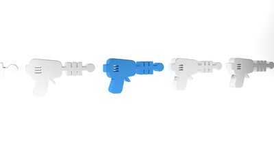 Blue Ray gun icon isolated on white background. Laser weapon. Space blaster. Minimalism concept. 3D render illustration