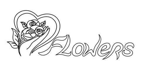 Outline icon with flowers in hand and love heart on white background.