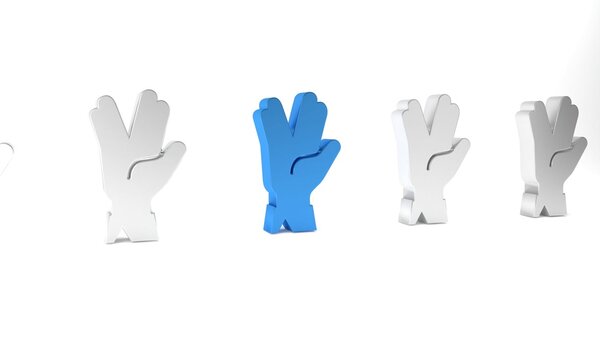Blue Vulcan salute icon isolated on white background. Hand with vulcan greet. Spock symbol. Minimalism concept. 3D render illustration