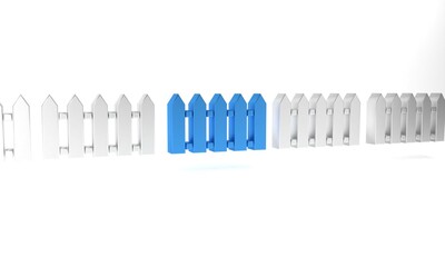 Blue Garden fence wooden icon isolated on white background. Minimalism concept. 3D render illustration