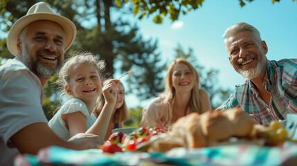 Fototapeta premium Multi-generational family picnic, communal and joyful, upper third copy space