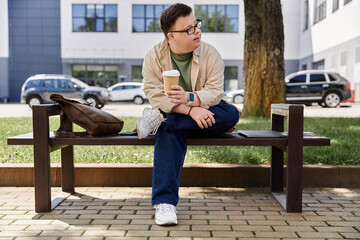 A man with Down syndrome sits on a park bench, holding a cup of coffee and gazing off into the distance.