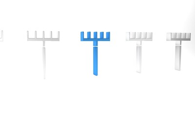 Blue Garden rake icon isolated on white background. Tool for horticulture, agriculture, farming. Ground cultivator. Housekeeping equipment. Minimalism concept. 3D render illustration