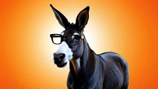 Stylish donkey with glasses striking a pose on orange gradient background
