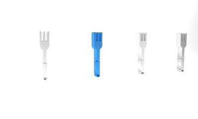 Blue Fork icon isolated on white background. Cutlery symbol. Minimalism concept. 3D render illustration